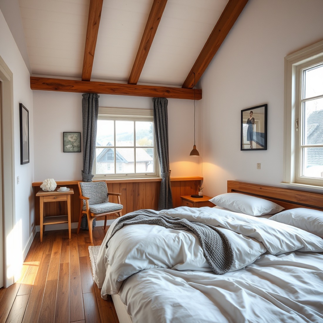 Helles Bauernhof-Gästezimmer mit Holzbalken, weisser Bettwäsche und Blick ins Grüne